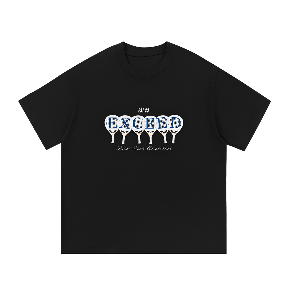 Black graphic padel tee with EXCEED graphic design featuring padel rackets and Padel Club Collection text