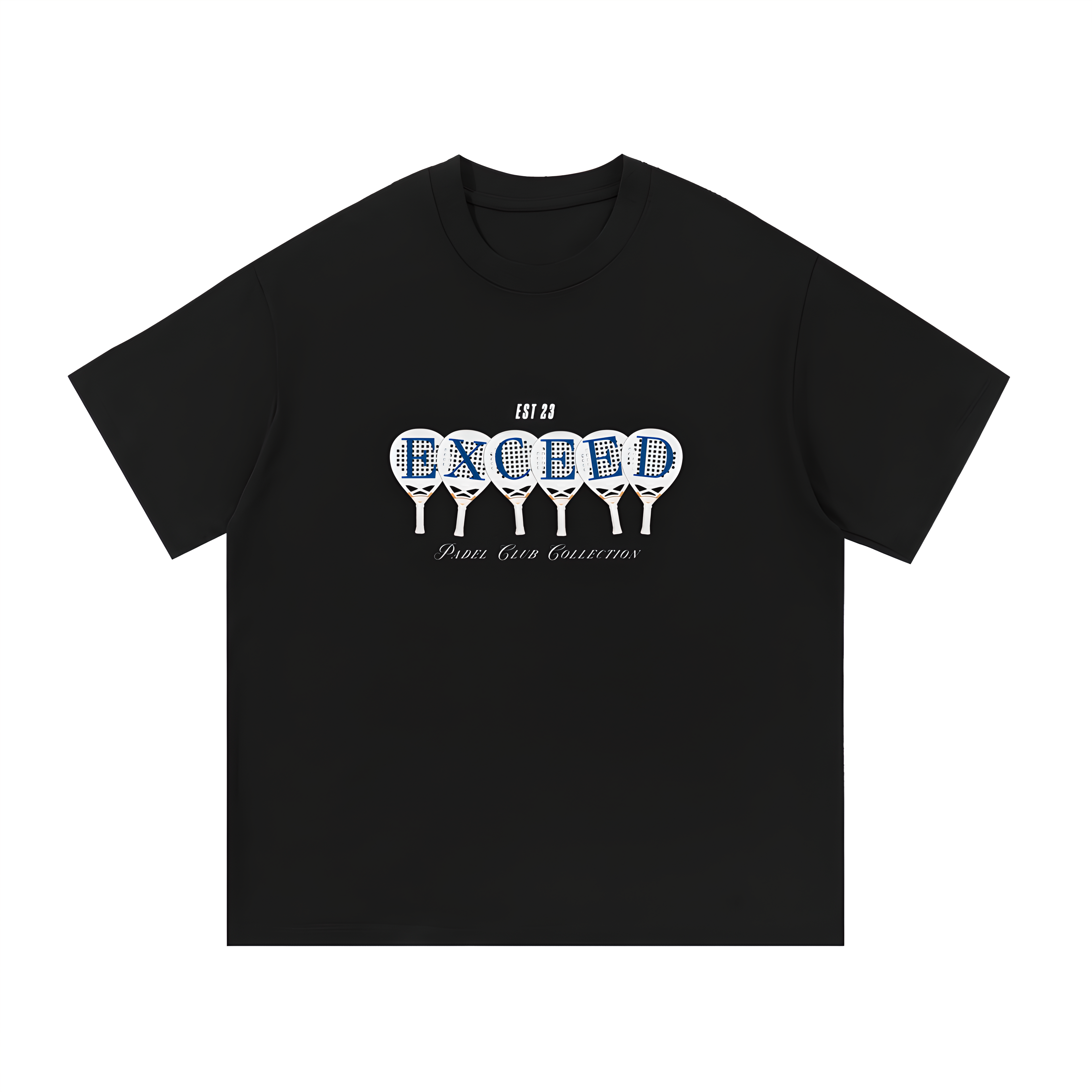 Black graphic padel tee with EXCEED graphic design featuring padel rackets and Padel Club Collection text