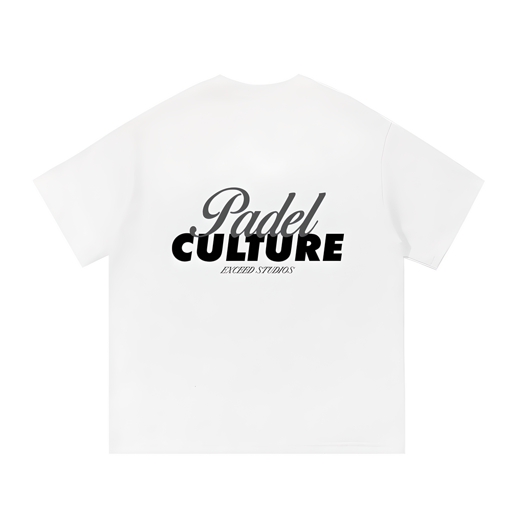White padel streetwear tee with Padel Culture graphic text on back and EXCEED Studios branding