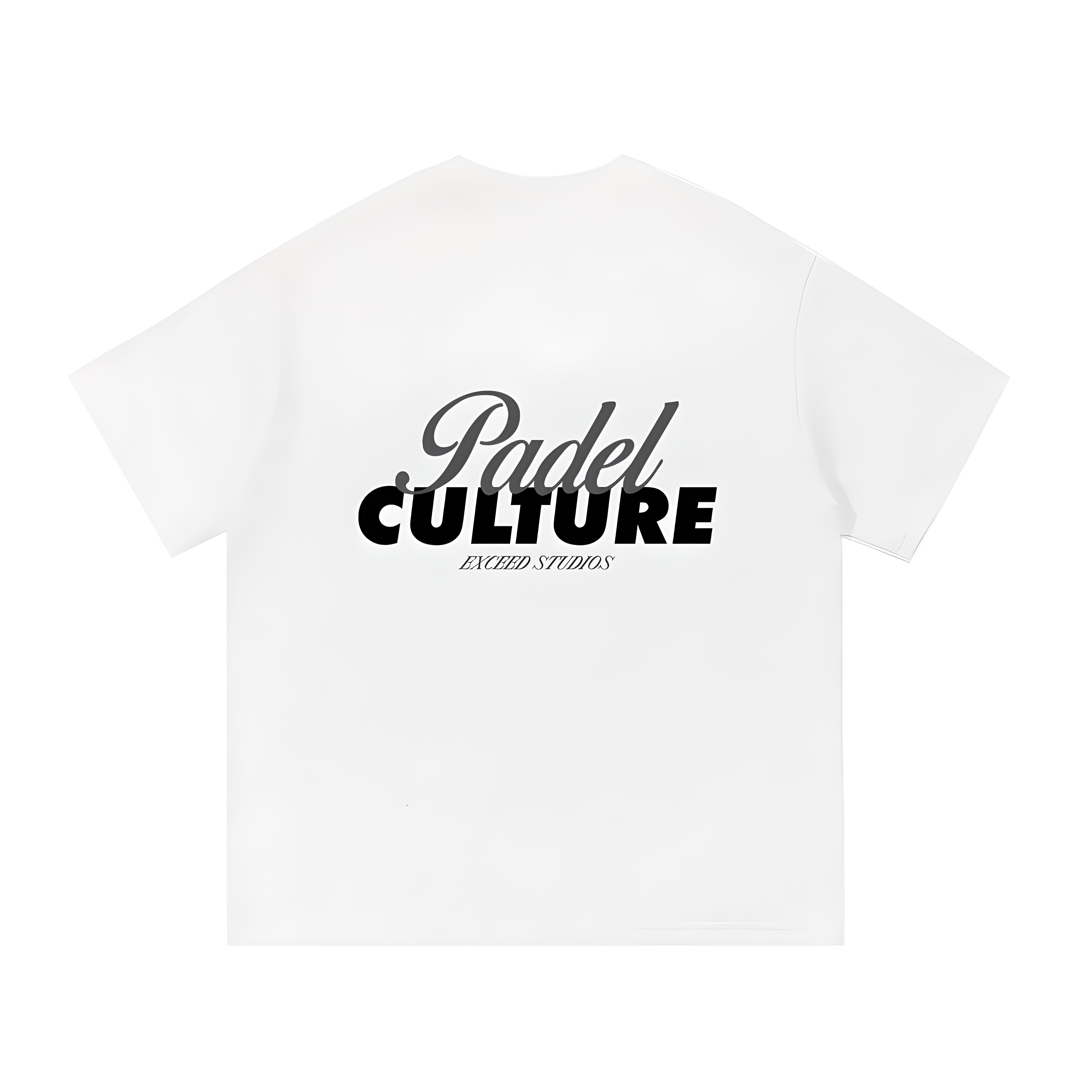 White padel streetwear tee with Padel Culture graphic text on back and EXCEED Studios branding