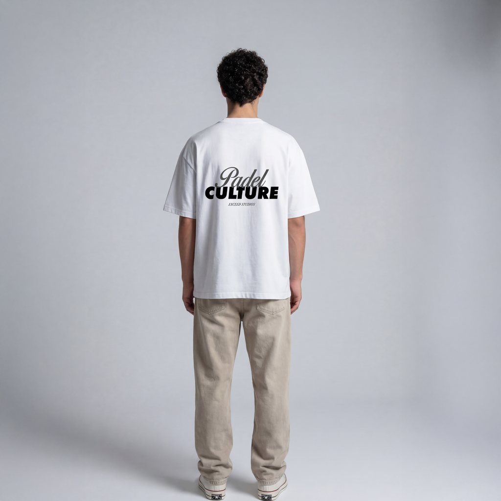 White padel streetwear tee with Padel Culture graphic text on back and EXCEED Studios branding