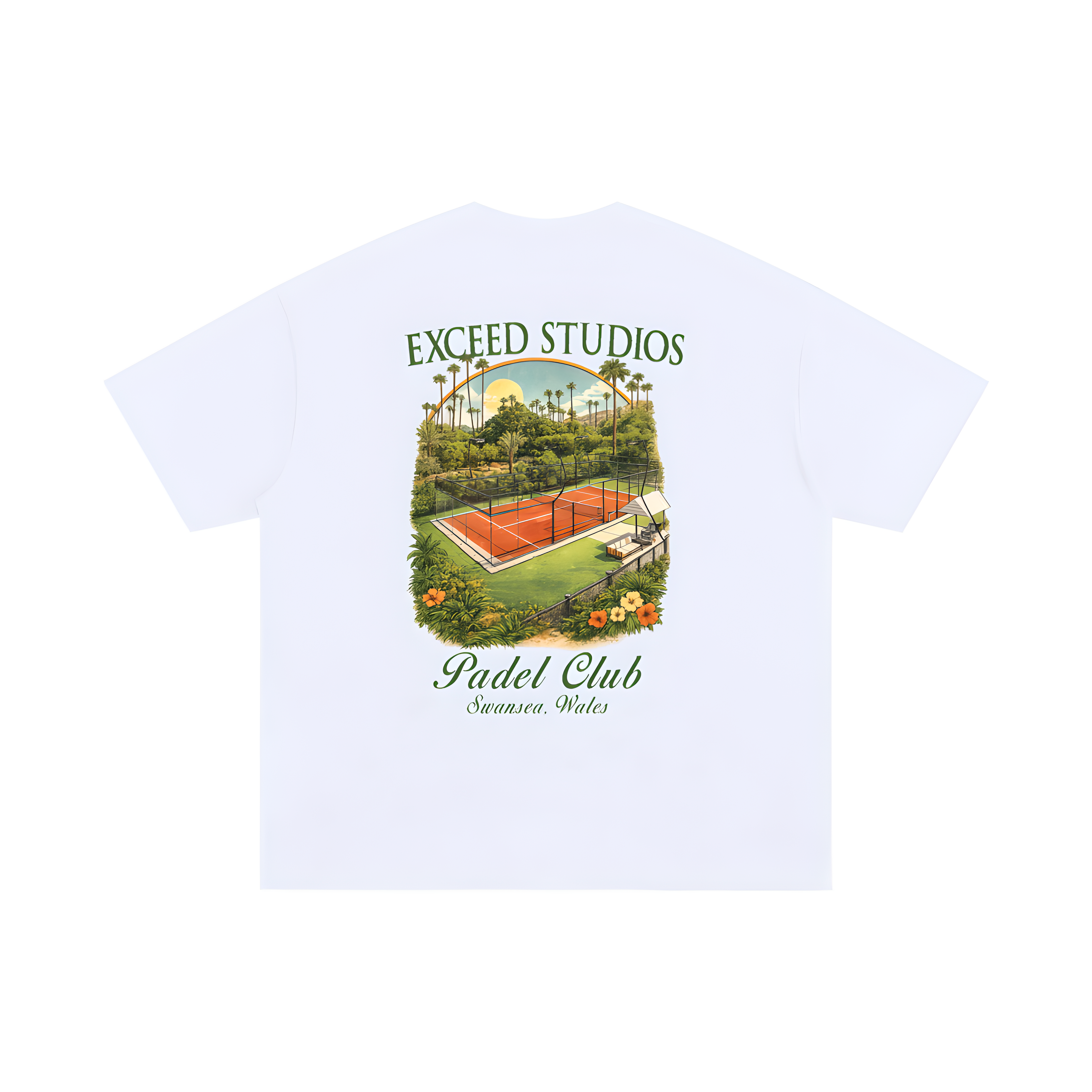 White padel Streetwear tee with large EXCEED Studios Padel Club Swansea Wales graphic featuring padel court illustration