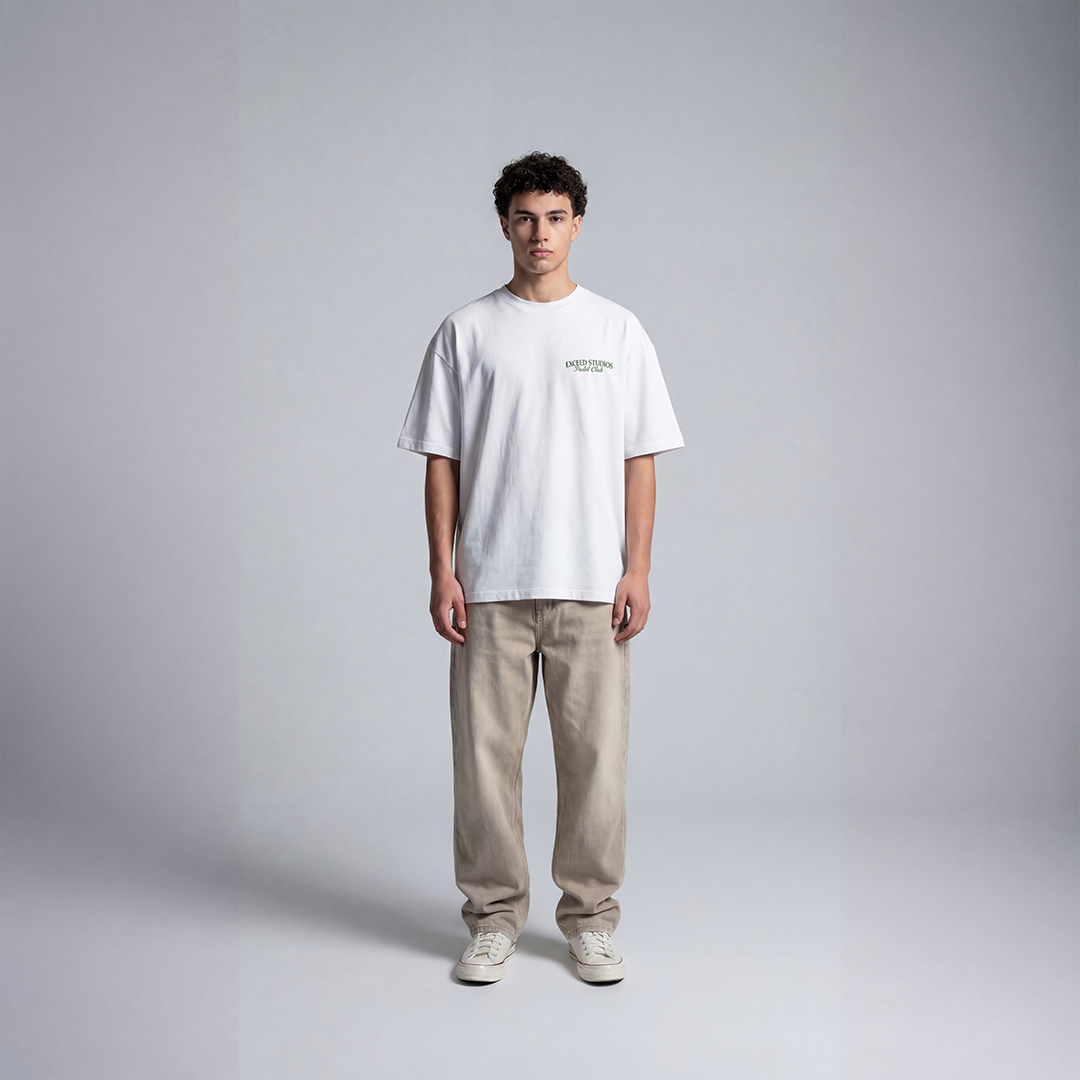 White streetwear tee with small EXCEED Studios Padel Club logo on chest minimal design
