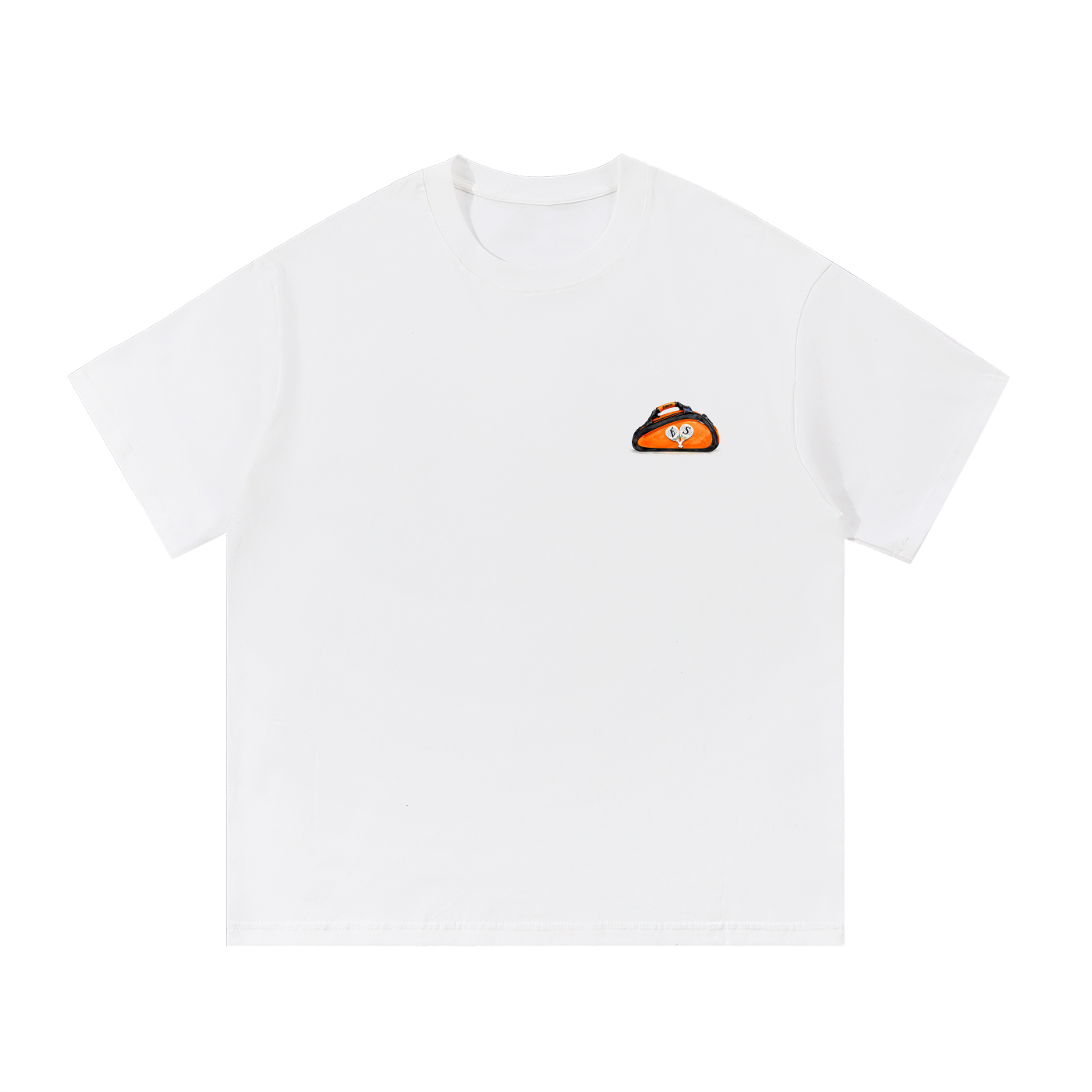 White streetwear tee with small orange padel bag logo on chest EXCEED Studios design